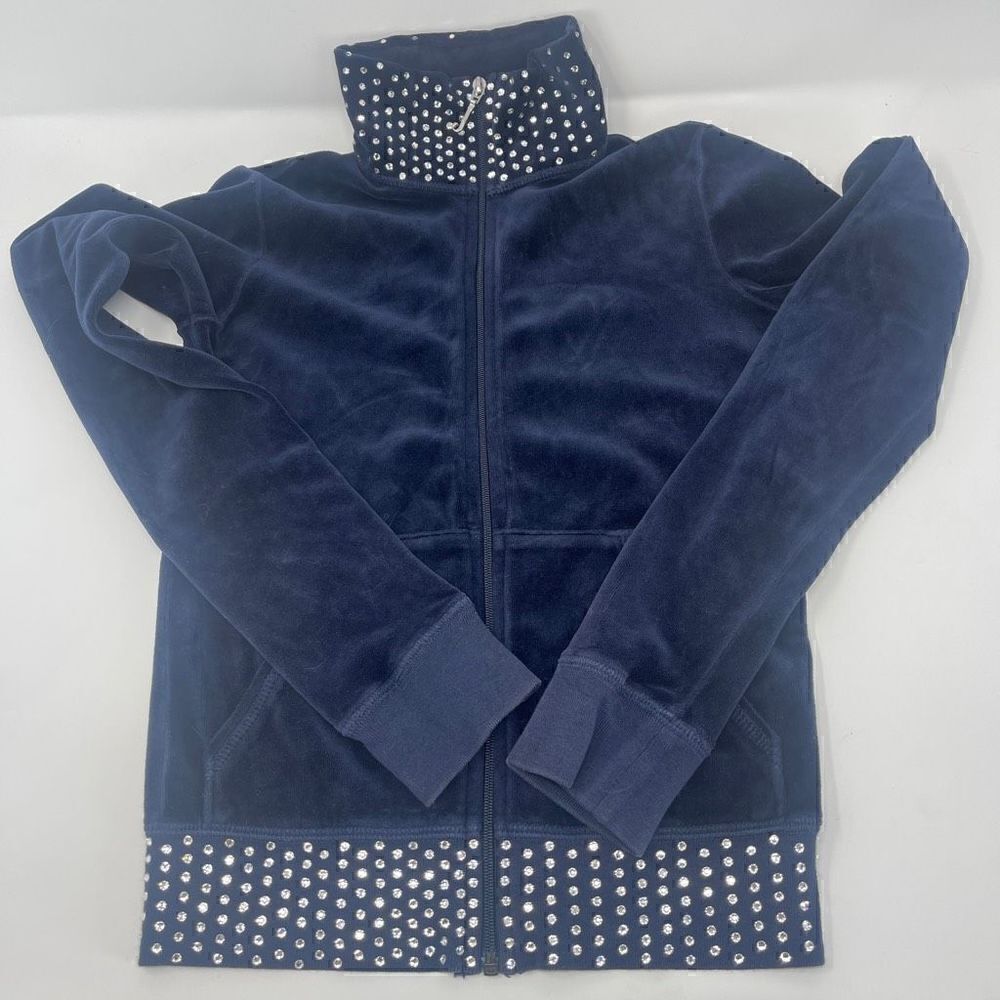 Juicy Couture Womens Navy Blue Full Zip Embellished Rhinestone Jacket Petite XS